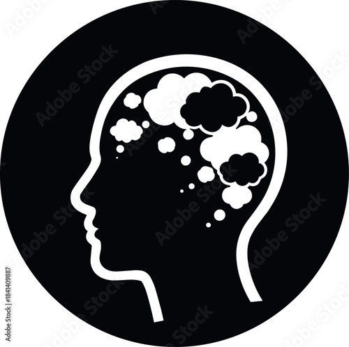 Black and white silhouette of a human head with thought bubbles inside profile thinking