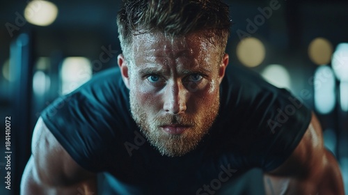 An athlete with an intense gaze and sweaty skin demonstrates extreme exertion in the gym, suitable for motivational background images in fitness apps.
