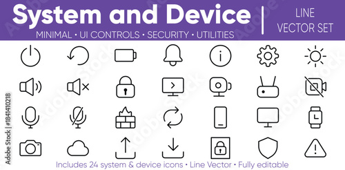 System and device line icons for minimal UI controls, security, and clean vector design