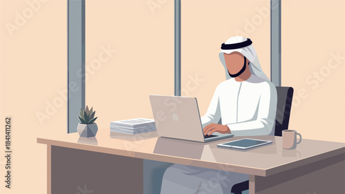 Businessman in traditional Middle Eastern attire working on laptop