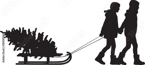 Silhouette of children pulling a sled with a Christmas tree, winter family activity vector.
