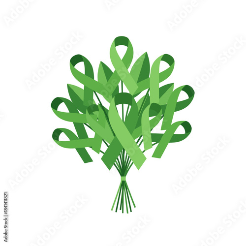 Green awareness ribbon bouquet symbolizing mental health support, organ donation advocacy and environmental causes, decorative cluster of looped ribbons in flat vector style