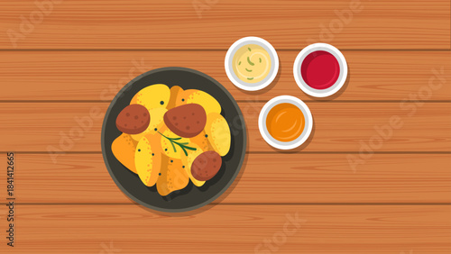 Delicious Potato Wedges and Dips A Perfect Appetizer or Snack Served on a Rustic Wooden Table