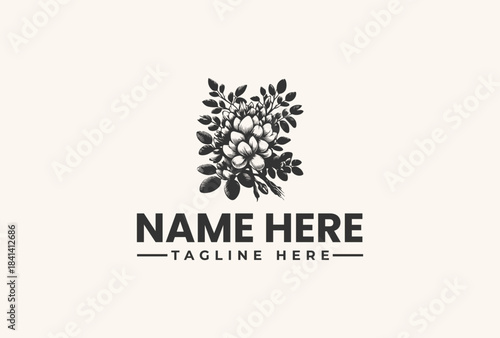 A black and white vector illustration logo featuring a floral design with leaves and flowers, accompanied by a 'NAME HERE' text and 'TAGLINE HERE' on a light beige background.