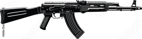 Black and white AK-47 rifle illustration, military firearm sketch, tactical weapon drawing, combat gun art, Kalashnikov design, detailed equipment