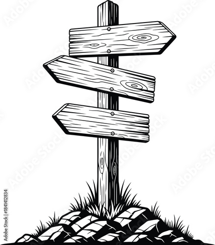 Wooden directional signpost with three arrows pointing left and right