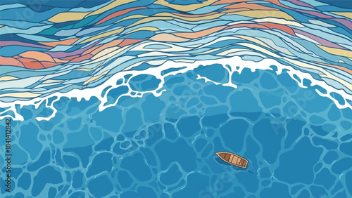 Abstract Seascape with Single Boat and Colorful Stylized Waves