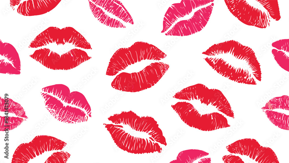 Αυτοκόλλητο Seamless lips pattern featuring a red lipstick kiss mark, perfect for a romantic