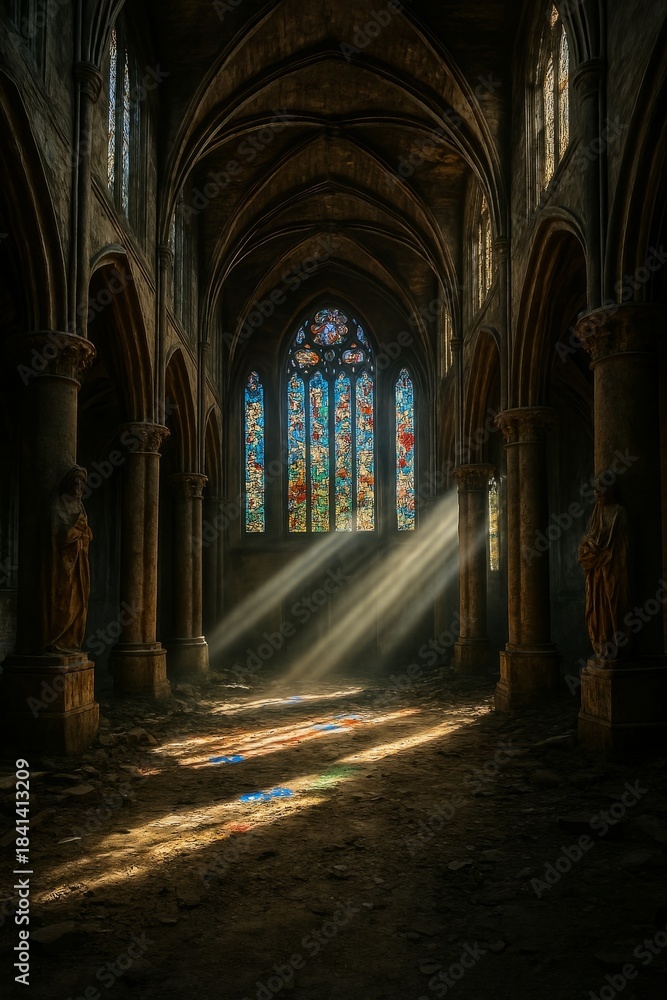 Obraz premium Dramatic light rays streaming through colorful stained-glass windows inside dark abandoned Gothic cathedral.