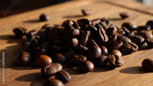 Roasted Coffee Beans on Wood.