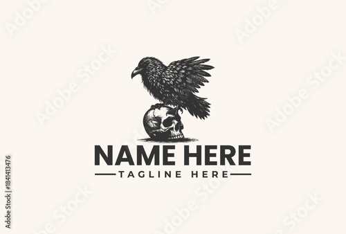 A black vector illustration of a bird perched on a skull with placeholder text for a logo or brand name on a plain background.