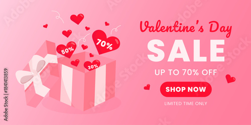 Valentines Day sale banner with gift box and hearts. Romantic pink promotional design.