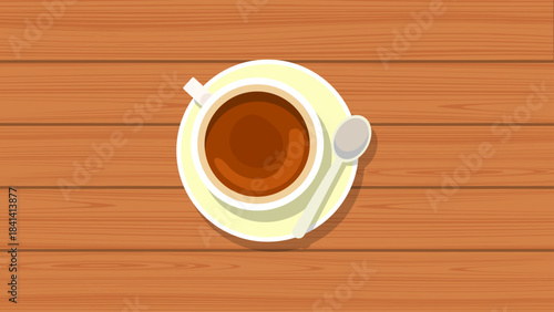 Top view of a warm cup of coffee with a spoon on a saucer, resting on a rustic wooden table, perfect for a cozy morning or a break