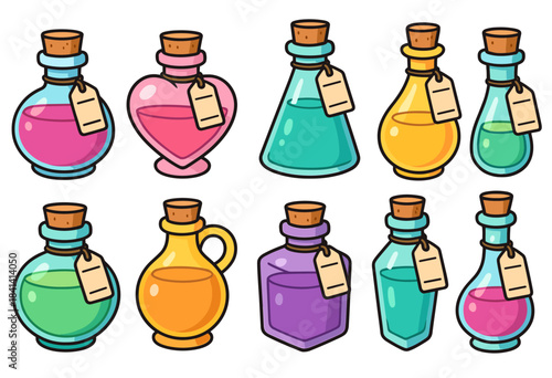 Colorful cartoon potion bottles with cork stoppers and tags in various shapes