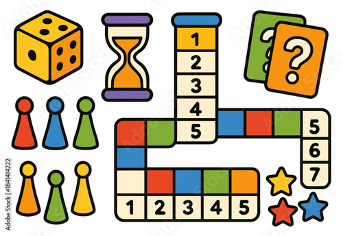 Colorful board game elements with dice, hourglass, and tokens in playful design