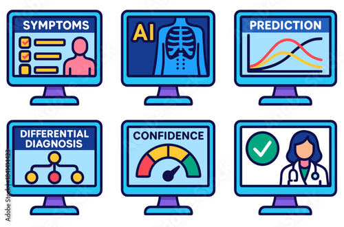 Medical ai interface illustrations on monitors for symptoms, prediction, diagnosis, and confidence