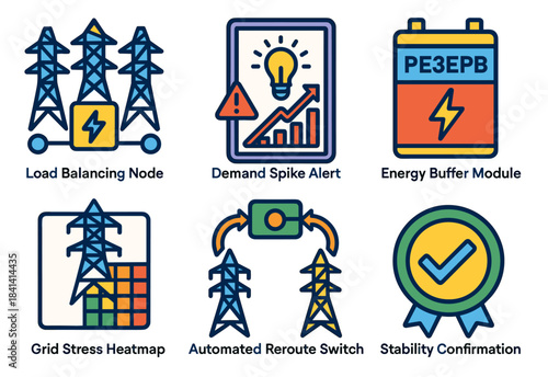Electric grid management icons: load balancing, energy buffer, stability confirmation