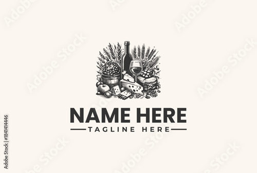 Black and white illustration of a plant logo with a bird's nest and the words 'NAME HERE' and 'TAGLINE HERE' on a beige background.