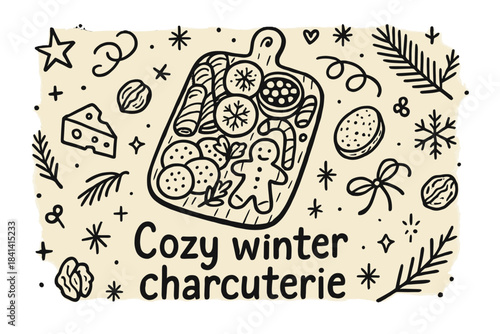 Cozy Winter Charcuterie. Cozy winter charcuterie. Hand-drawn doodle illustration of Cozy winter charcuterie.