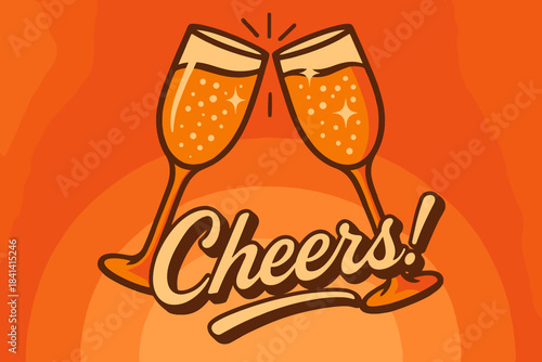 70s Champagne Cheers. Champagne glasses cheers. 70s poster vibe, warm festive gradient, thick outlines, offset