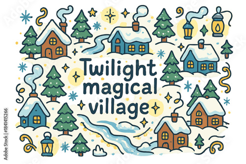 Twilight Village Doodles. Twilight magical village. Hand-drawn doodle illustration of Twilight magical village