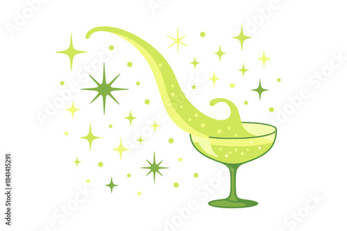 Elegant Champagne Pour. Luxury beverage moment. Champagne stream captured mid-pour, abstract spark shapes and