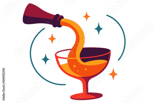 Champagne Celebration Vectors. Slow-motion celebration. Champagne stream curling into glass, tiny spark icons