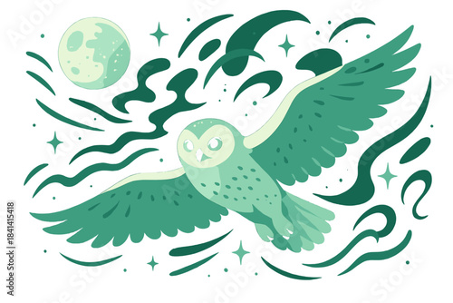 Nocturnal Owl Flight. Night flight owl. Snowy owl glides under moonlight, floating spark arcs and abstract