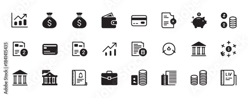 Finance, Banking, Money and Business Glyph Icon Set