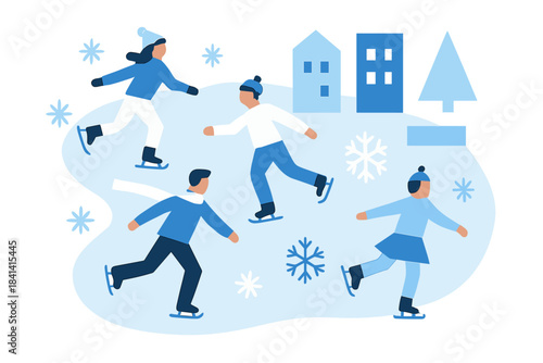 Winter Skaters Geometry. Winter Skaters Flat Lay. Flat minimalist vector illustration of Winter Skaters Flat