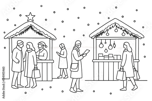 Minimalist Christmas Market. Christmas market evening. Minimalistic one-line drawing people shopping at