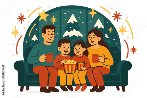 Cozy Winter Cinema. Indoor winter cinema. Family seated on couch with popcorn and hot drinks, soft glowing