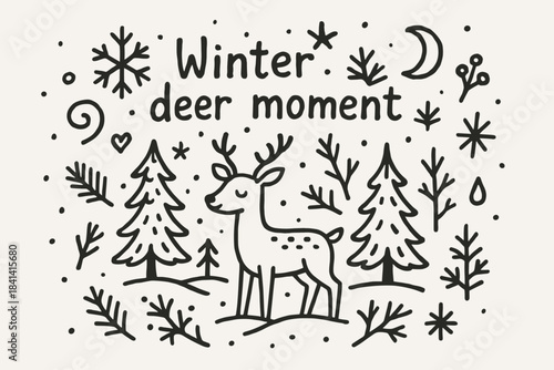 Winter Deer Scene. Winter deer moment. Hand-drawn doodle illustration of Winter deer moment. Central doodle