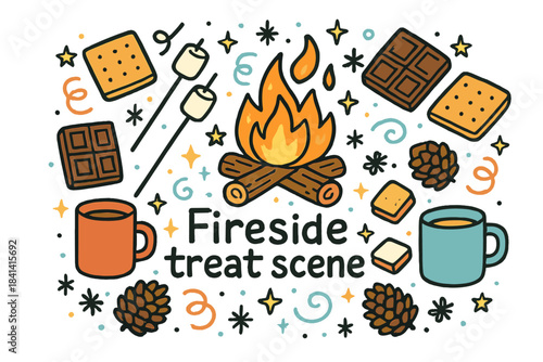 Fireside Treat Delight. Fireside treat scene. Hand-drawn doodle illustration of Fireside treat scene.