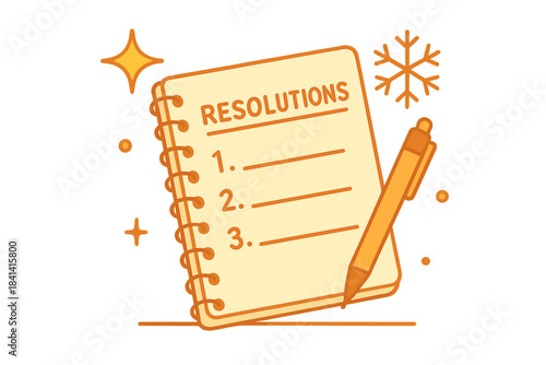Resolution Writing Desk. Resolutions writing scene. Notebook lying on desk with pen, notes visible; floating