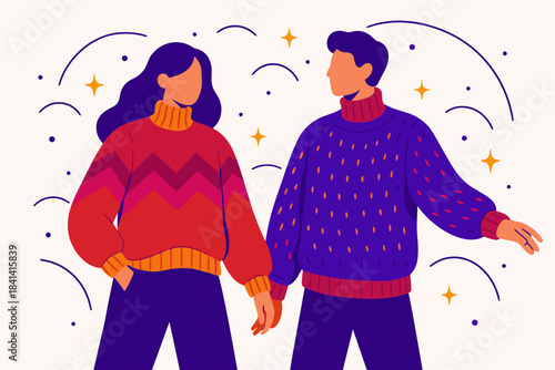 Colorful Knitted Fashion. Knitted sweater fashion. Models showcase layered knitwear; tiny snow arcs and spark