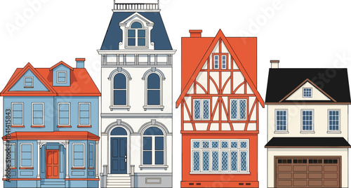 Eight Suburban House Set Vector Line Art with Color Block Options, Perfect for Coloring Book Pages, Residential Iconography, and Architecture Graphics.