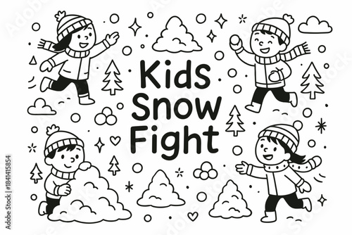 Playful Snowball Battle. Kids Snow Fight. Hand-drawn doodle illustration of Kids Snow Fight. kids, snowballs,