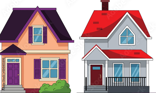 Vector Illustration of Two Suburban Houses, Featuring Gabled Roofs, Dormer Windows, Porches, and Bushes, Representing Residential Real Estate and Family Home Design.