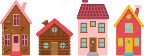 Large Vector Set of Nine Colorful Suburban Houses, Featuring Different Architectural Styles and Landscapes, Representing Real Estate, Family Homes, and Residential Community.