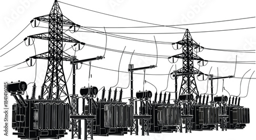 Hand drawn vector illustration of high voltage electrical substation with transformers, pylons, and power lines