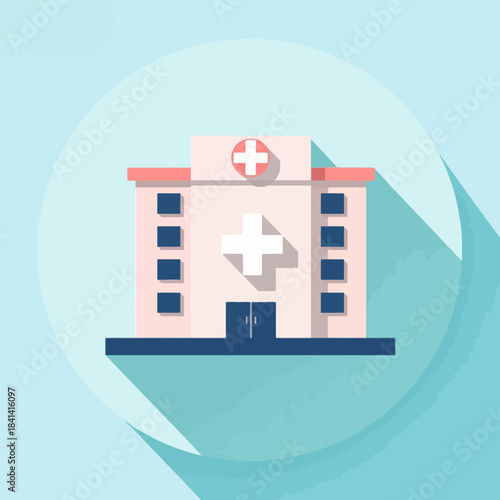 Flat design illustration of a hospital building with crosses on a light blue background.