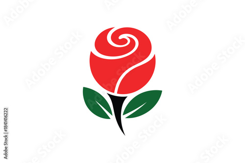 vector of a red rose logo with green leaves and text below 'Rose & Bloom' - elegant floral branding