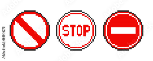 Road signs pixel stop. Stop road sign. Vector illustration.