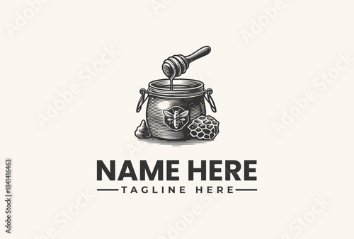 A vector illustration of a honey jar with a honey dipper and bees on a clean white background for a logo or branding template.
