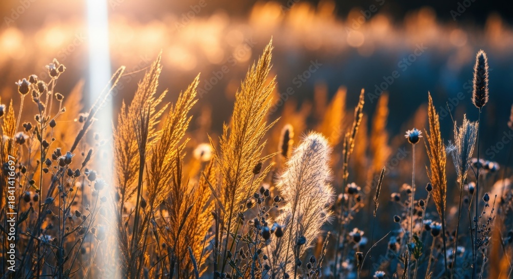 Fototapeta premium Golden Hour Meadow: Close-Up of Grasses and Wildflowers with Warm, Sunlit Hues for Serene Outdoor Concepts