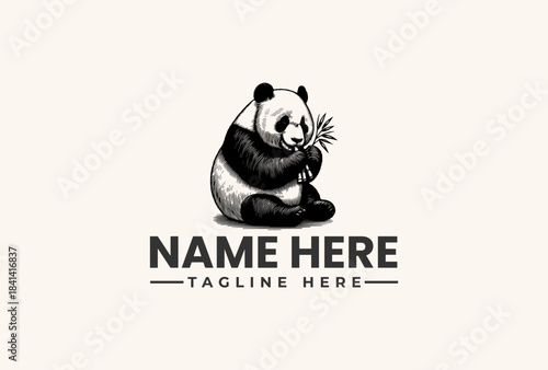 Black and white illustration of a panda holding bamboo shoots with a logo template on a clean background, vector graphic design element.