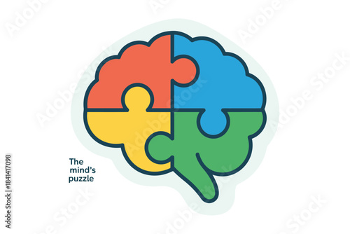 The mind's puzzle, vector of a colorful brain composed of four puzzle pieces, representing cognitive challenges and solutions