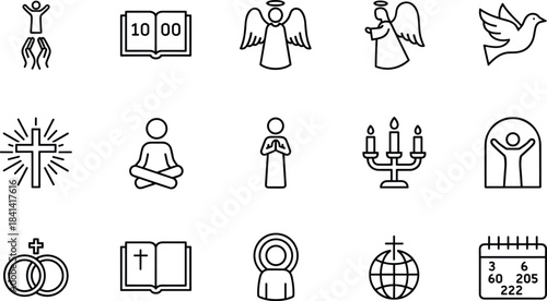 Religion, spirituality, worship, prayer, faith, divine, holy, sacred, angel, cross, Bible, peace, meditation, halo, scripture, symbol, belief, icon, global, vector illustration