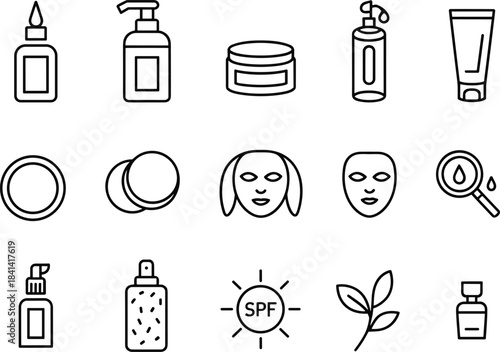 Skincare, cosmetic, beauty, serum, lotion, cream, mask, bottle, pump, spray, tube, compact, natural, organic, SPF, hydration, facial, icon, product, vector illustration